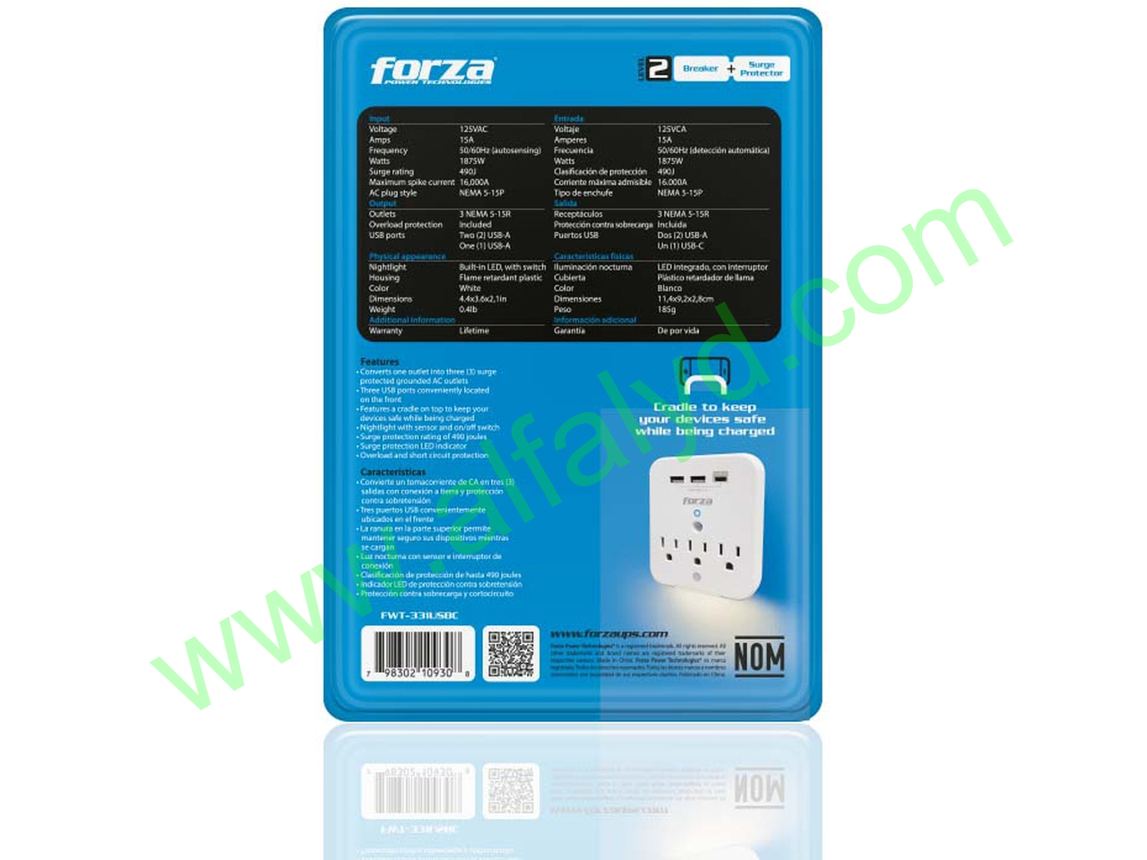 Forza FWT-331USBC - Protector contra sobretensiones (montaje en pared) - CA 125 V - Imagen 6